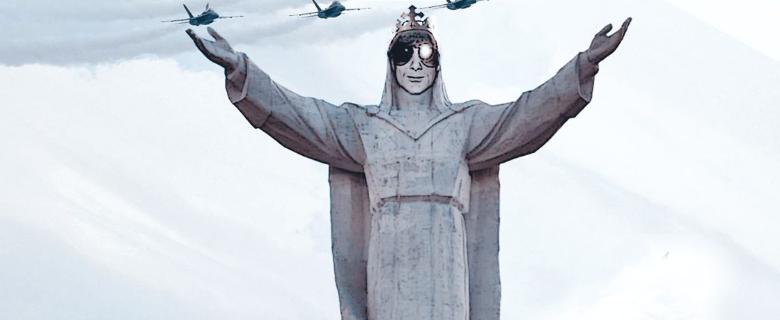 Kristjan Knall als Jesus-Statue mit Tornadojets im Hintergrund