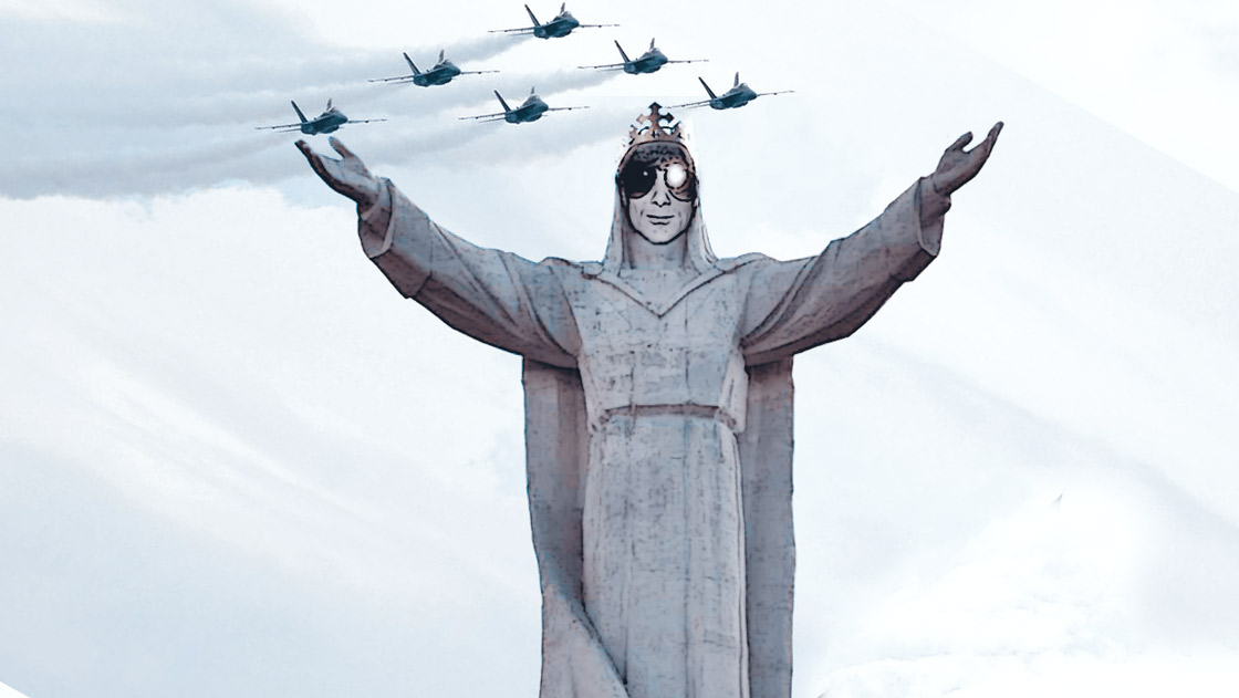 Kristjan Knall als Jesus-Statue mit Tornadojets im Hintergrund